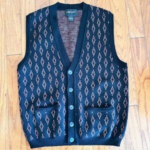 Vintage JT Beckett Black Red Button Up Wool Vest Geometric SZ Large Grandpacore